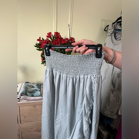 Pastel Baby Blue High Waisted Stretch Midi Maxi Ruffle Frayed Hem Modest Skirt L - Picture 10 of 16
